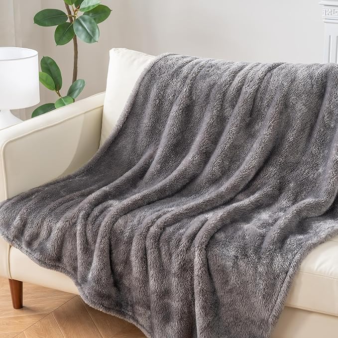 Berkshire Blanket Classic Extra-Fluffy™ Plush Throw Blanket, Soft Fuzzy Fluffy Long Hair Throw Blanket for Couch Sofa Bed, Shadow Grey, 50x60 Inches