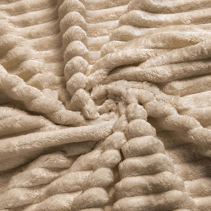 Vessia Flannel Throw Blanket with Pillow Cover for Couch,Sofa,Bed, 300GSM Striped Camel Blanket for Adults, Super Soft Warm Cozy Ribbed Brown Throw for All-Season(50x71inch)
