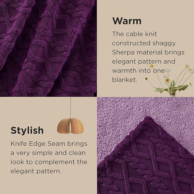 Bedsure Sherpa Queen Size Blanket for Bed - Fleece Soft Cozy Fuzzy Cable Blankets for Women, Thick Warm for Winter and All Seasons, Purple, 90x90 Inches
