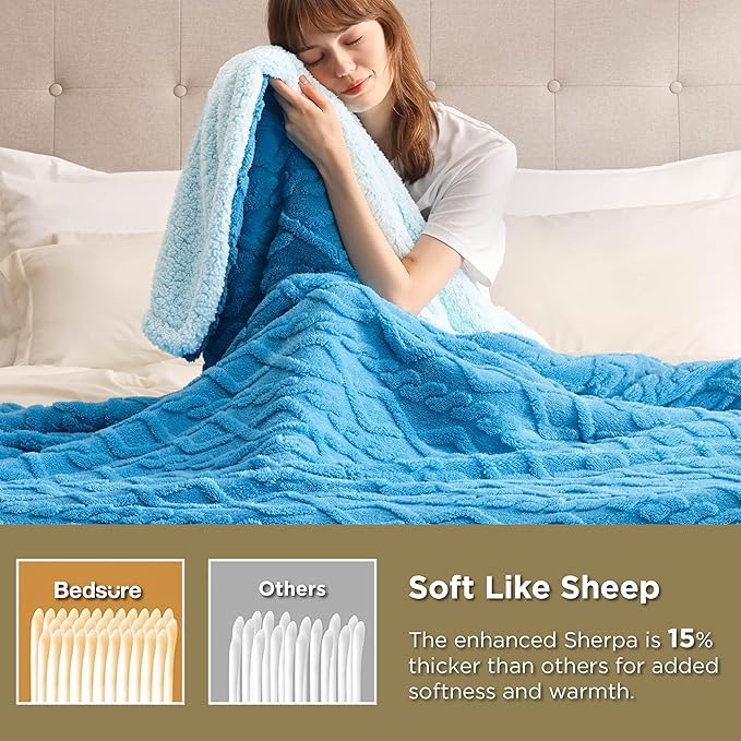 Bedsure Sherpa Fleece Blanket Twin Size for Bed - Fuzzy Soft Cozy Cable Throw for Couch, Thick Warm Blankets for Winter, Horizon Blue, 60x80 Inches