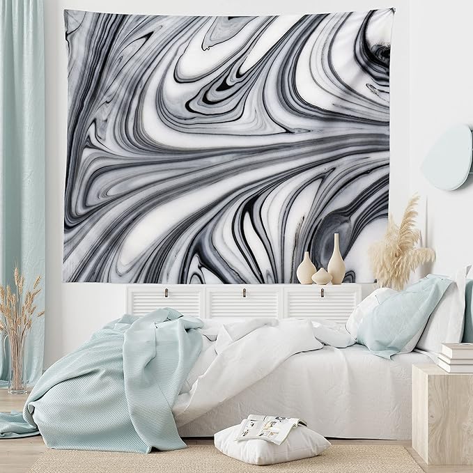 Ambesonne Abstract Tapestry, Mix of White and Black Hallucinatory and Surreal Liquid Marble Graphic Art, Wide Wall Hanging for Bedroom Living Room Dorm, 80" X 60", Grey