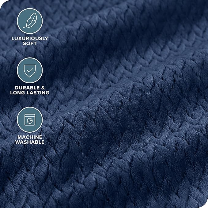 Bare Home Textured Fleece Microplush Blanket - Full/Queen - Lightweight Throw for Bed, Sofa, Couch, Movie Night, Camping, and Travel - Ultra Soft Warm Blanket (Full/Queen, Chevron Dark Blue)