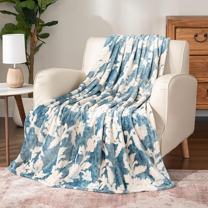 Berkshire Blanket-Classic Heavyweight Soft Printed VelvetLoft® Plush Throw Blanket, Cozy and Fuzzy, Floral Blue, 50in x 70in