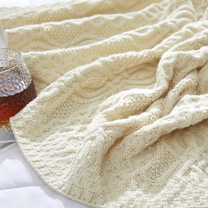 Aormenzy Ivory Cable Knit Throw Blanket, Soft & Warm Knitted Blanket Throw for Couch Bed Sofa Living Room, 50 x 60 inch