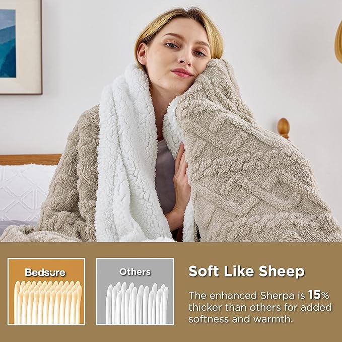Bedsure Sherpa Fleece Throw Blanket for Couch - Fuzzy Soft Cozy Cable Throw for Women, Thick Warm Blanket for Winter, Beige, 50x60 Inches