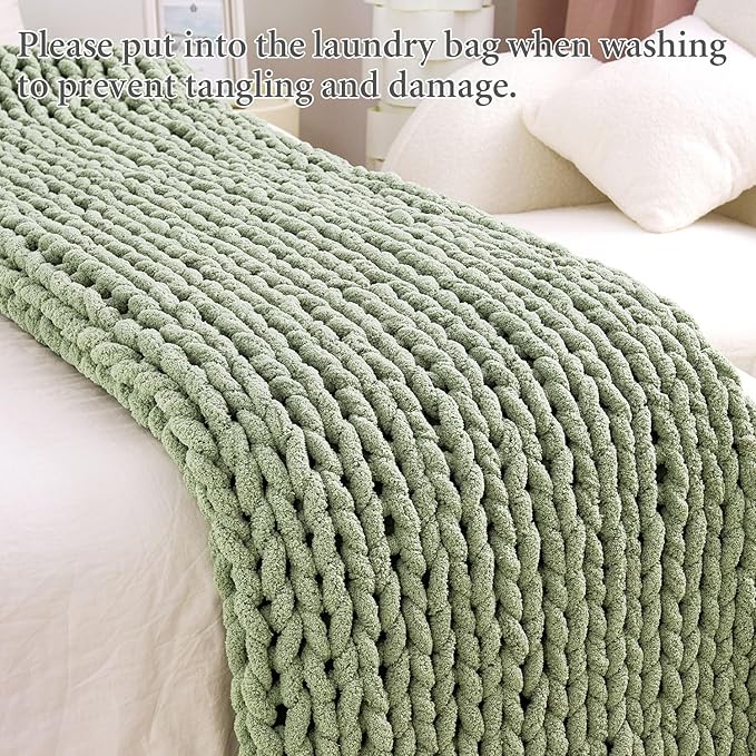Admitrack Chunky Knit Blanket Throw, 100% Hand Knit Chenille Throw Blanket for Sofa & Home Decor, Soft and Cozy Knitted Throw Blankets (Sage Green,40"x50")