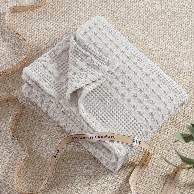 PHF 100% Cotton Waffle Weave Throw Blanket, Soft Lightweight Breathable Cozy Summer Throws for Couch Bed Sofa, Luxury Aesthetic Woven Blanket for Home Decor & Office, 50"x60", Light Grey