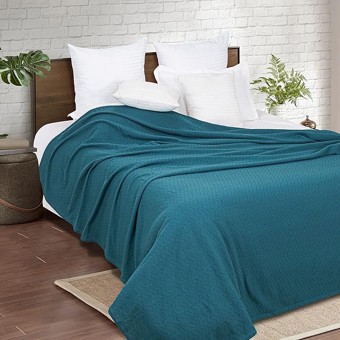 BELIZZI HOME 100% Cotton Bed Blanket, Breathable Thermal Blanket Full - Queen Size, Soft Chevron 90''x90'', Perfect for Layering Any All Season, Teal