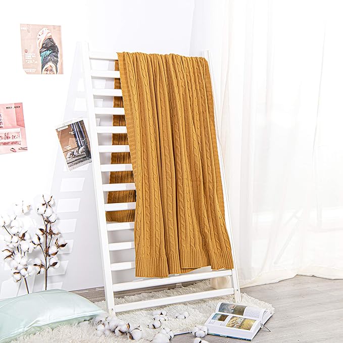 NTBAY 100% Pure Cotton Cable Knit Throw Blanket, Super Soft Warm 51x67 Knitted Throw Blanket for Couch, Sofa, Chair, Bed - Extra Cozy, Machine Washable, Comfortable Home Decor, Ginger Yellow