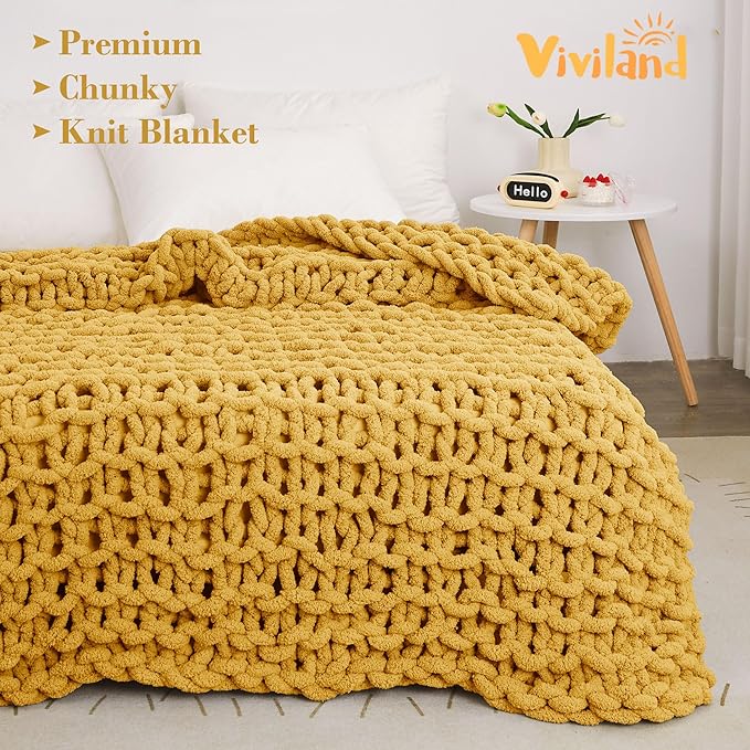 Knit Blanket 50"x60" Yellow Cream Soft Washable Chenille Throw Blanket Cozy 100% Handmade Crochet Blankets with Jumbo Chenille Yarn for Couch Bed Sofa Room Decor