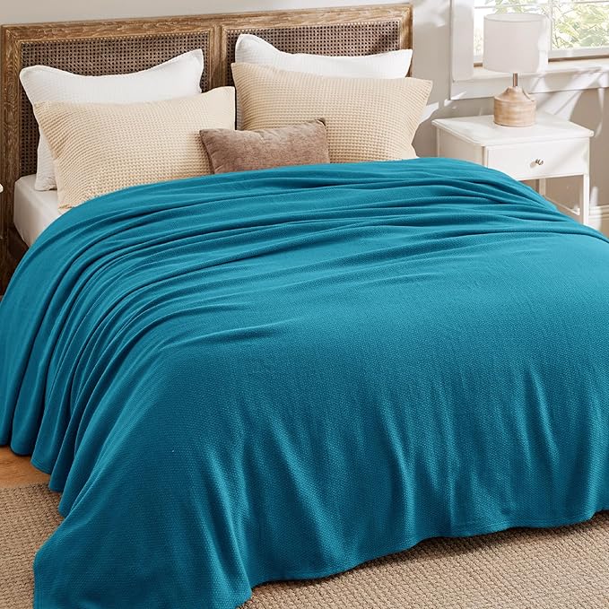 Bedsure 100% Cotton Blanket King Size for Bed - Breathable and Lightweight, Soft Cozy Textured Herringbone Woven Blanket for Summer Spring, Teal, 108x90 inches