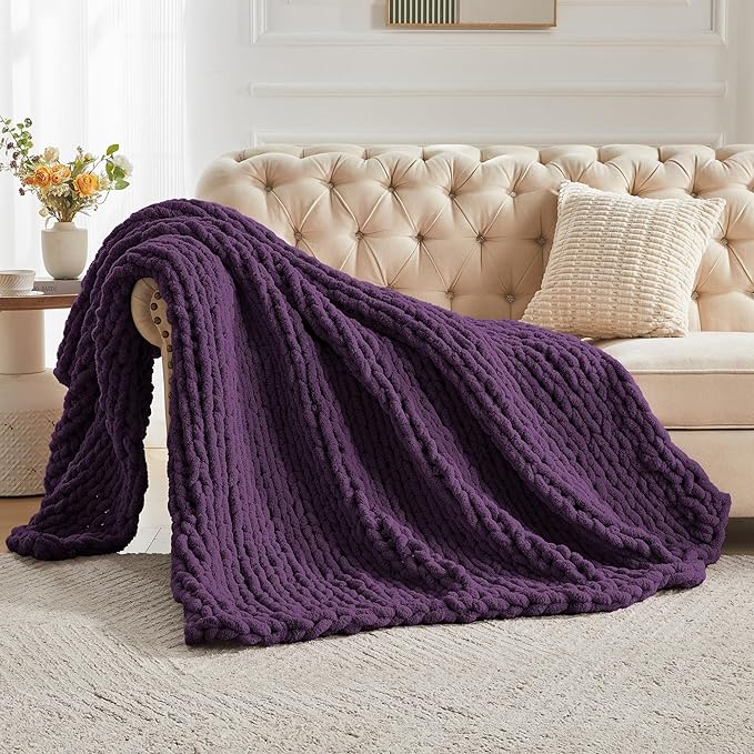 Carriediosa Chunky Knit Throw Blanket 50" X 60", 100% Hand Made Large Chenille Loop Yarn Soft Fluffy Throws for Couch Sofa Bed, Big Crochet Cozy Heavy Thick Cable Woven Blanket, Dark Purple