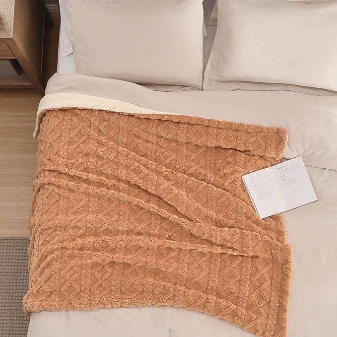 Bedsure Sherpa Fleece Blanket Twin Size for Bed - Fuzzy Soft Cozy Cable Throw for Couch, Thick Warm Blankets for Winter, Light Brown, 60x80 Inches