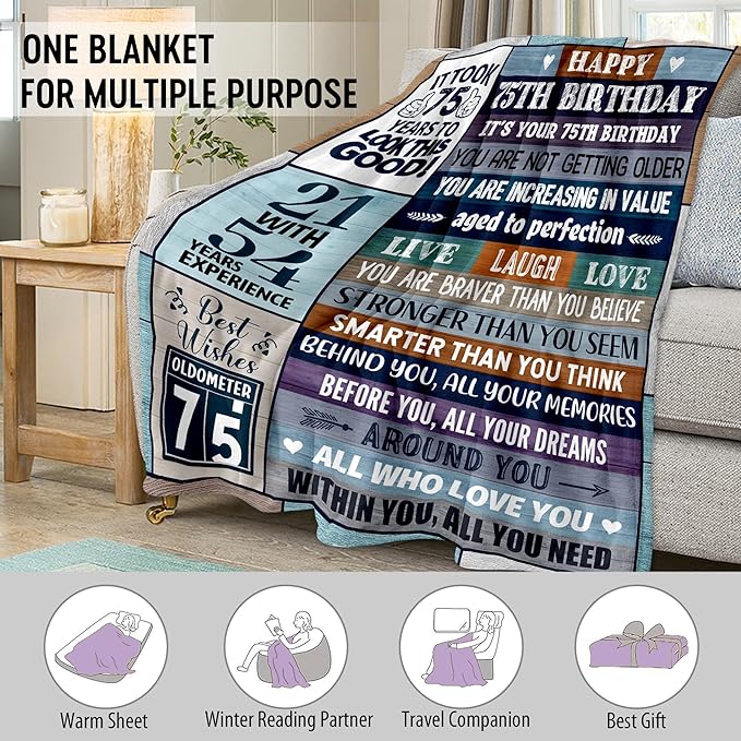 75th Birthday Gifts for Men Women, 75th Birthday Gift Ideas, Milestone 75th Birthday Decorations, Funny 75 Years Old Gift for Husband Wife Him Her Dad Mom, 75th Birthday Gifts Throw Blanket 50" x 60"