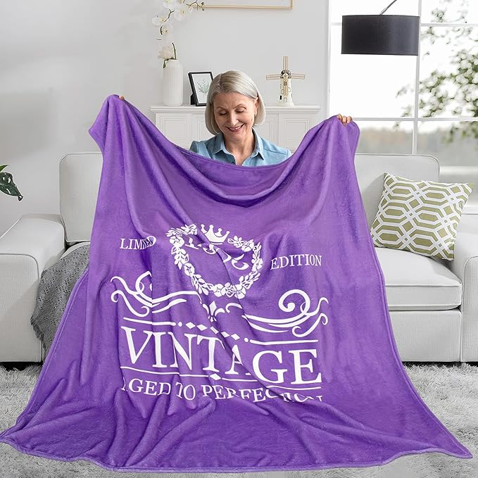 60th Birthday Gifts for Women Men Throw Blanket 60" x 50", 60 Year Old 1965 Birthday Gift Ideas, Best Birthday Gifts for 60 Year Old Woman Man, Happy 60th Birthday Gift Vintage Decorations Purple