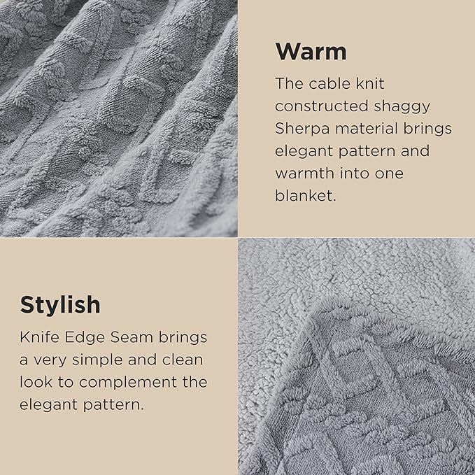 Bedsure Sherpa Queen Size Blanket for Bed - Fleece Soft Cozy Fuzzy Cable Blankets for Women, Thick Warm for Winter and All Seasons, Grey, 90x90 Inches