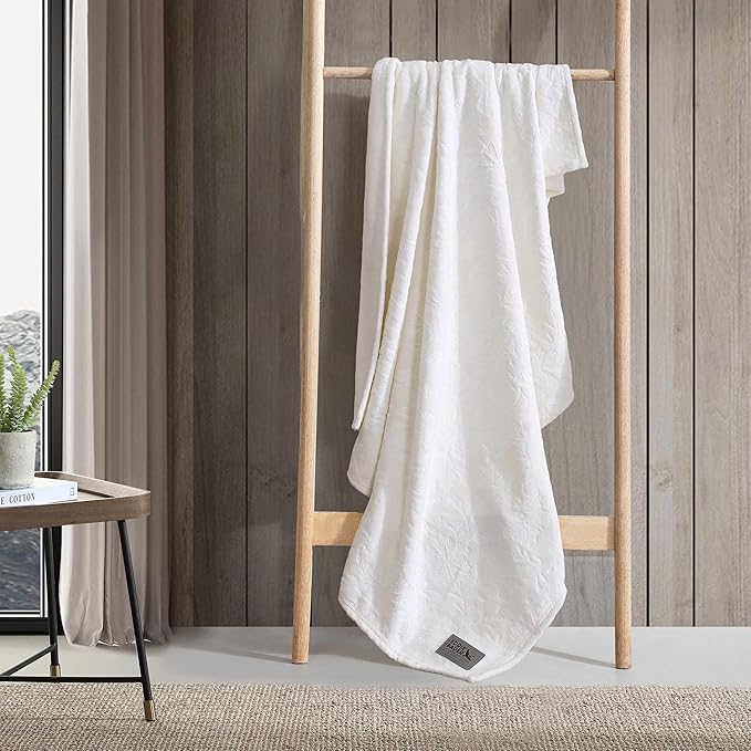 Eddie Bauer - Throw Blanket, Embossed Ultra Soft Plush Bedding, Home Decor for All Seasons, Oeko-Tex Certified (Woodblock Floral White, 50" x 70")