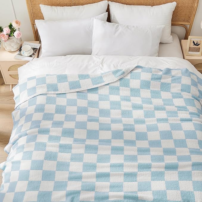 JOOJA Soft Cozy Checkerboard Blue Blanket - Fluffy Knit Throw for Couch - Plaid Checkered - 50x60 in
