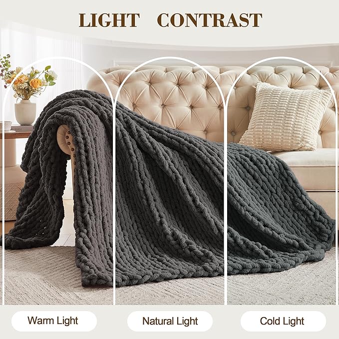 Carriediosa Chunky Knit Throw Blanket 50" X 60", 100% Hand Made Large Chenille Loop Yarn Soft Fluffy Throws for Couch Sofa Bed, Big Crochet Cozy Heavy Thick Cable Woven Blankets, Dark Grey