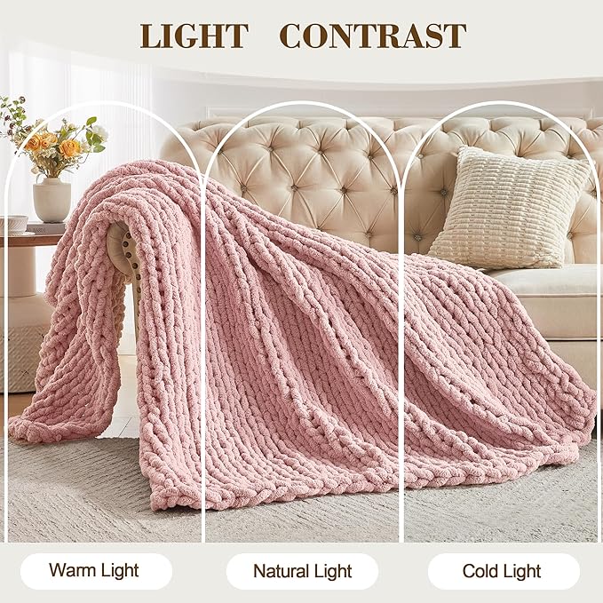 Carriediosa Chunky Knit Throw Blanket 50" X 60", 100% Hand Made Large Chenille Loop Yarn Soft Fluffy Throws for Couch Sofa Bed, Big Crochet Cozy Heavy Thick Cable Woven Blankets, Dusty Pink