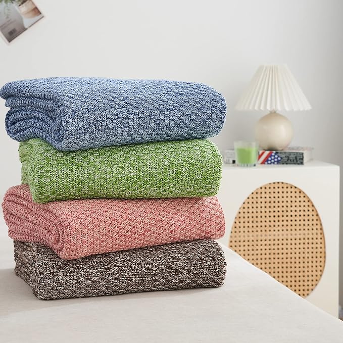 Longhui bedding Grass Green Knitted Throw Blanket for Couch - Soft, Cozy Machine Washable 100% Cotton Sofa Knit Blankets, Heavy 3.0lb Weight, 51 x 63 Inches,Grass Green and White Color.