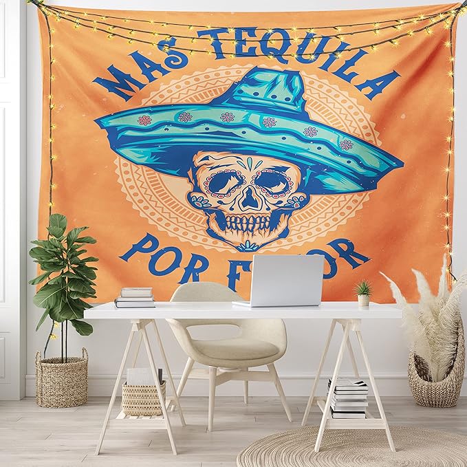 Ambesonne Alcohol Tapestry, Hand-Drawn Sugar Skull Wearing Sombrero with Mas Tequila Por Favor Saying, Wide Wall Hanging for Bedroom Living Room Dorm, 80" X 60", Multicolor Orange