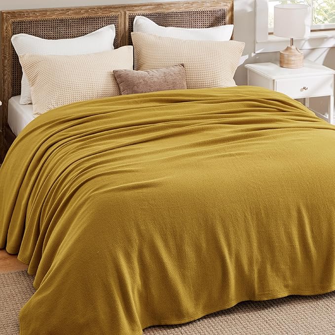 Bedsure 100% Cotton Blanket Queen Size for Bed - Breathable and Lightweight, Soft Cozy Textured Herringbone Woven Blanket for Summer Spring, Yellow, 90x90 inches