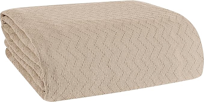 BELIZZI Home 100% Cotton Bed Blanket, Breathable Thermal Blanket Twin Size, Soft Chevron Thermal Blanket 60"x90", Cotton Bed Blanket, Perfect for Layering Any Bed for All Season, Beige