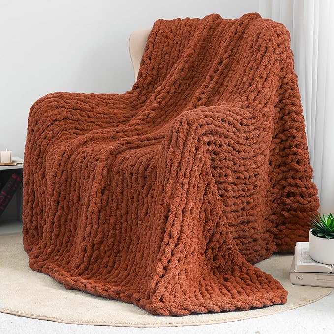 Chunky Knit Throw Blanket 50"X 60", 100% Handmade with Soft Chenille Yarn, 4.4lbs Thick Cable Knitted Blankets, Large Rope Knot Crochet Throws for Couch Sofa Bed Home Decor, Rust