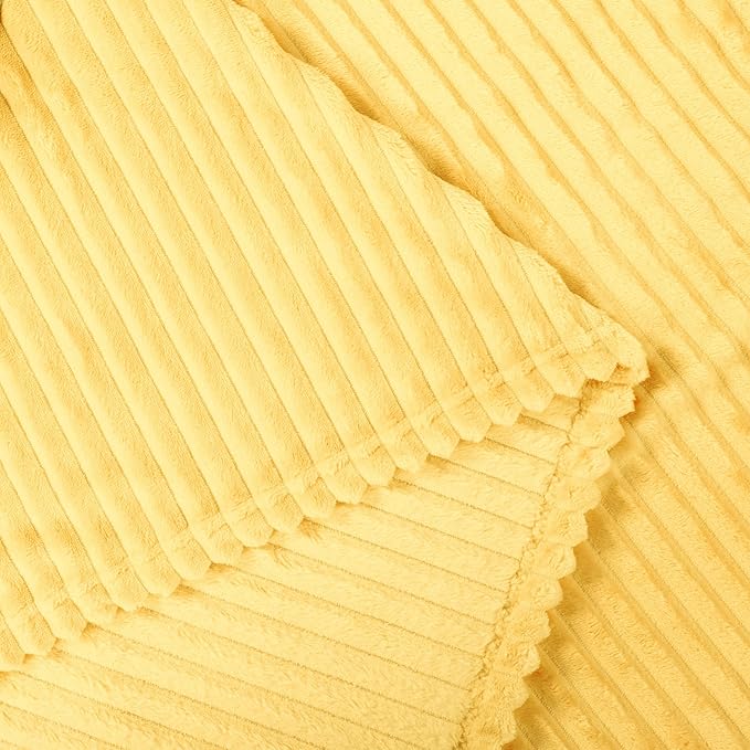 Vessia Flannel Throw Blanket with Pillow Cover for Couch,Sofa,Bed, 300GSM Striped Light Yellow Blanket for Adults, Super Soft Warm Cozy Ribbed Pale Yellow Throw for All-Season(50x71 inch)