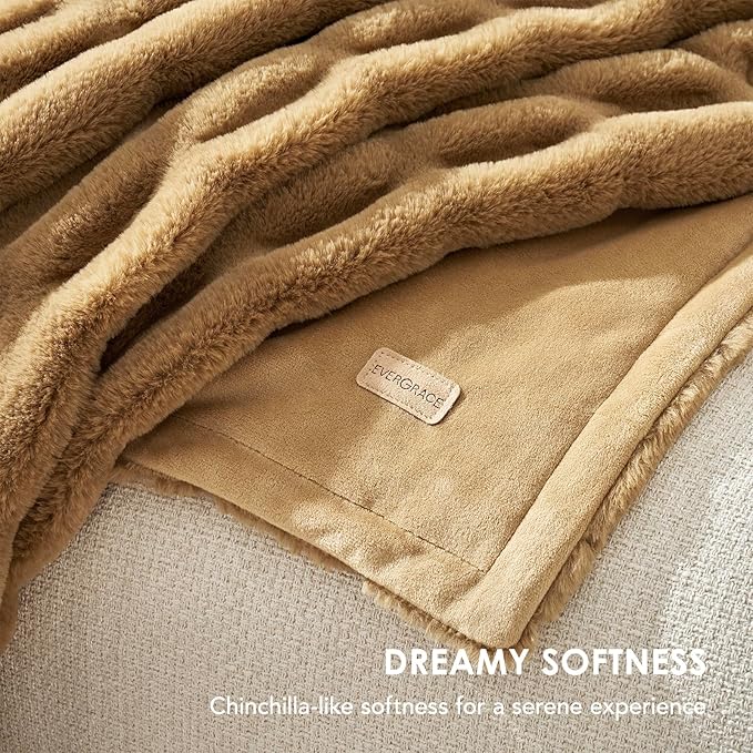 EVERGRACE Luxurious Soft Faux Rabbit Fur Throw Blanket, Cozy Fuzzy Plush Warm Throws for Couch Bed Sofa Chair Home Decor, Ruched Bubble Fluffy Blanket with Reversible Velvet, 60" x 80", Camel