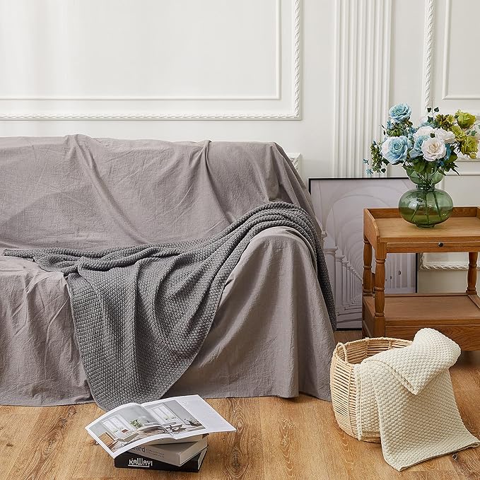 Longhui bedding Grey Knitted Throw Blanket for Couch, Soft, Cozy Machine Washable 100% Cotton Sofa Cable Knit Blankets, 4.0lb Weight, 60 x 80 Inches Oversized, Grey White Color