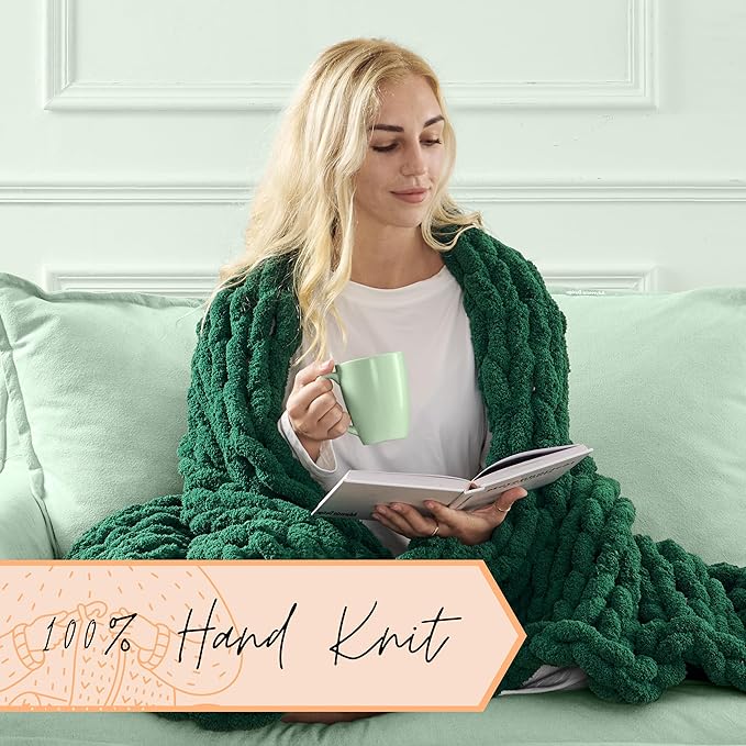 Adyrescia Chunky Knit Blanket Throw | 100% Hand Knit with Jumbo Chenille Yarn (50"x60", Forest Green)