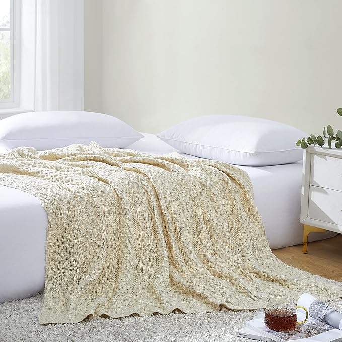 Aormenzy Ivory Cable Knit Throw Blanket, Soft & Warm Knitted Blanket Throw for Couch Bed Sofa Living Room, 50 x 60 inch