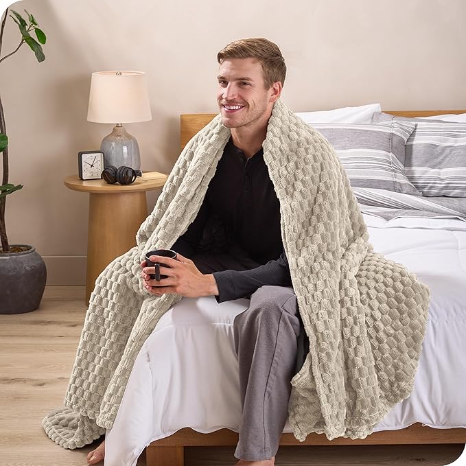 Bare Home Textured Fleece Microplush Blanket - Extra Long - Lightweight Throw for Bed, Sofa, Couch, Movie Night, Camping, and Travel - Ultra Soft Warm Blanket (Twin/Twin XL, Waffle Oyster)