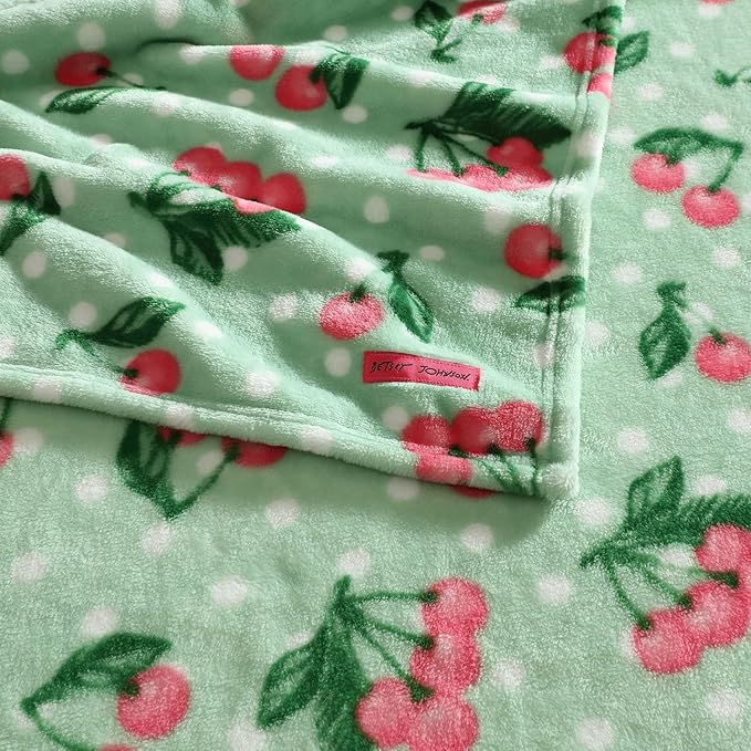 Betsey Johnson - Throw, Ultra-Soft Plush Blanket, Ideal for Couch, Bed, or Lounges (Cherry Dots Green, 50" x 70")