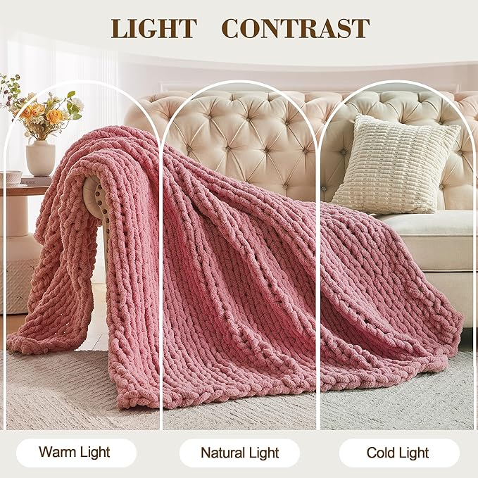 Carriediosa Chunky Knit Throw Blanket 50" X 60", 100% Hand Made Large Chenille Loop Yarn Soft Fluffy Throws for Couch Sofa Bed, Big Crochet Cozy Heavy Thick Cable Woven Blanket, Mauve