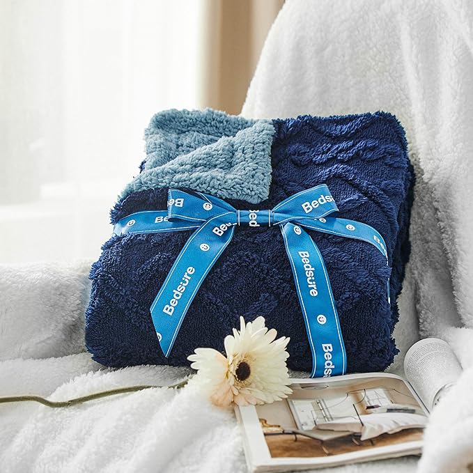 Bedsure Sherpa Fleece Blanket Twin Size for Bed - Fuzzy Soft Cozy Cable Throw for Couch, Thick Warm Blankets for Winter, Navy, 60x80 Inches