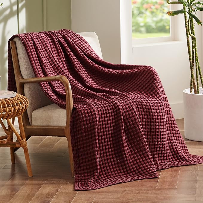 Bedsure Cooling Cotton Waffle Weave Blanket - Lightweight Breathable Blanket of Rayon Derived from Bamboo for Hot Sleepers, Luxury Throws for Bed, Couch and Sofa, Burgundy, 50x70 Inches