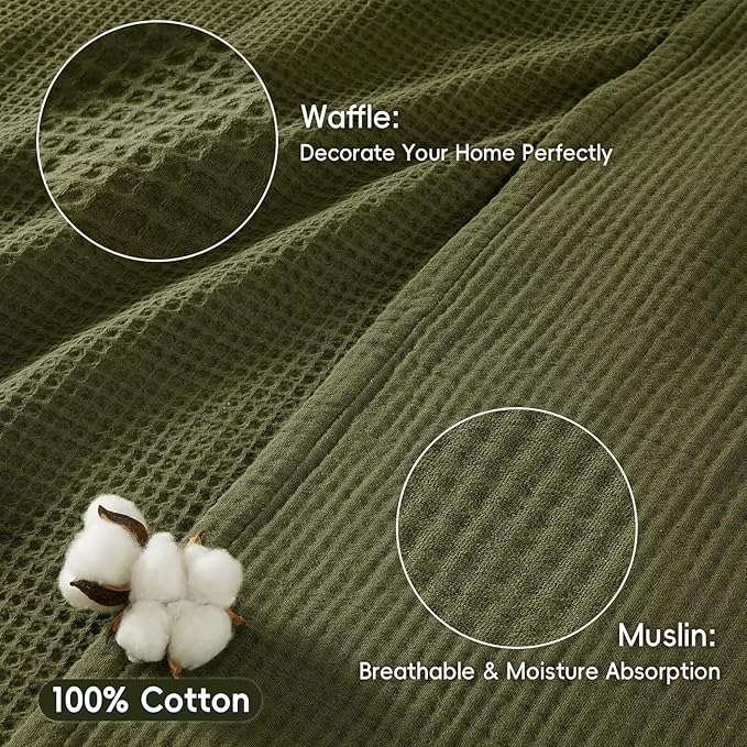 PHF 100% Cotton Waffle Muslin Blanket Twin Size, 66" x 90" Lightweight and Breathable Washed Cotton Blanket, Aesthetic Soft Muslin Waffle Bedding for Sofa Bed Home Decor, Olive Green