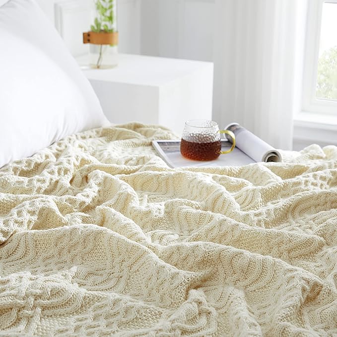 Aormenzy Ivory Cable Knit Throw Blanket, Soft & Warm Knitted Blanket Throw for Couch Bed Sofa Living Room, 50 x 60 inch