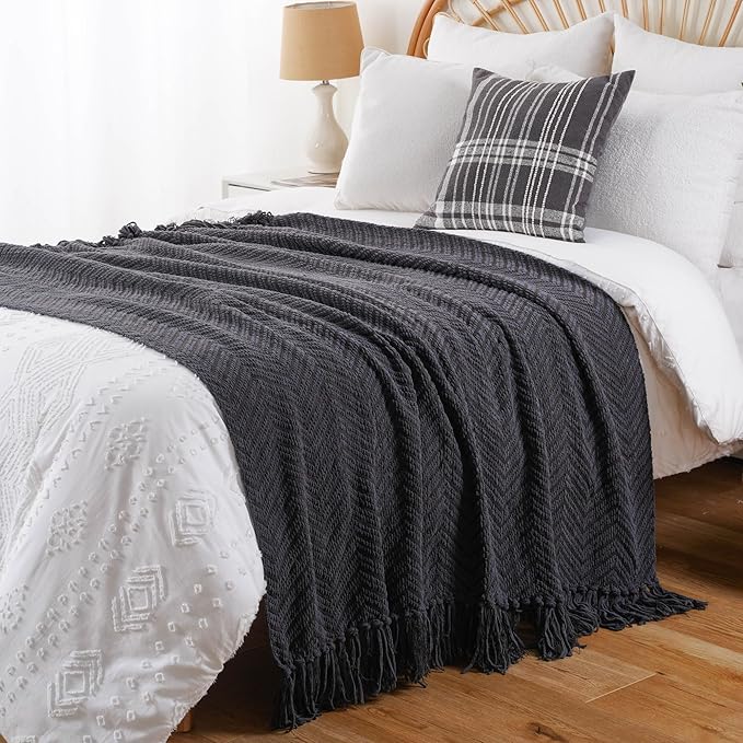 BATTILO HOME Dark Grey Throw Blanket for Couch, Knit Charcoal Throw Blanket Versatile for Chair, 60 x 80 Inch - Super Soft Warm Grey Blanket with Tassels for Bed, Sofa and Living Room