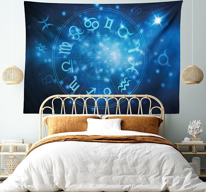 Ambesonne Astrology Tapestry King Size, Abstract Horoscope Wheel with Signs Aquarius Lion Taurus Libra, Wall Hanging Bedspread Bed Cover Wall Decor, King Size, Navy Blue Sky Blue