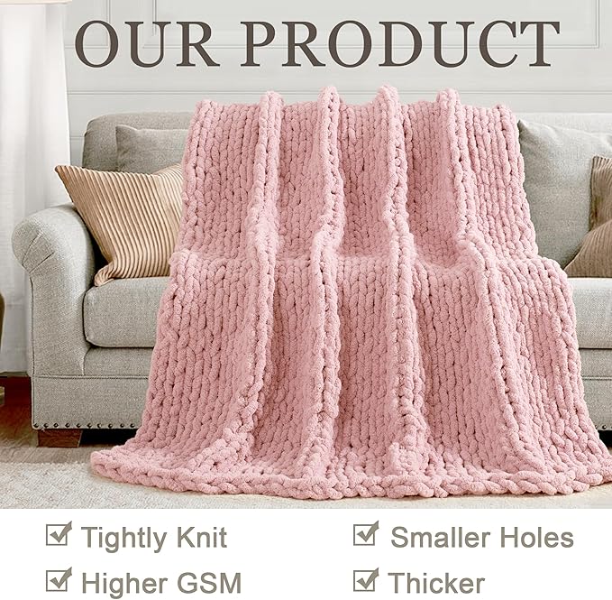 Chunky Knit Throw Blanket 50"X 60", 100% Handmade with Soft Chenille Yarn, 4.4lbs Thick Cable Knitted Blankets, Large Rope Knot Crochet Throws for Couch Sofa Bed Home Decor, Dusty Pink