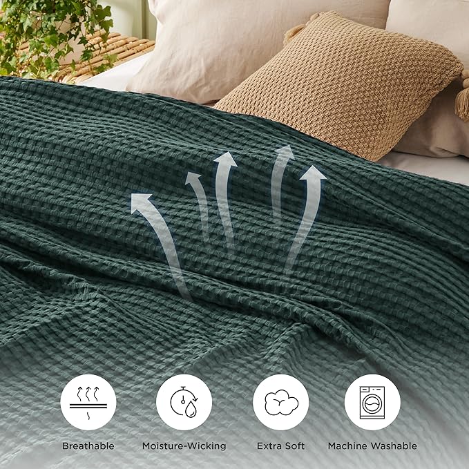 Bedsure Cooling Cotton Waffle Twin XL Blanket - Lightweight Breathable Blanket of Rayon Derived from Bamboo for Hot Sleepers, Luxury Throws for Bed, Couch and Sofa, Dark Green, 66x90 Inches