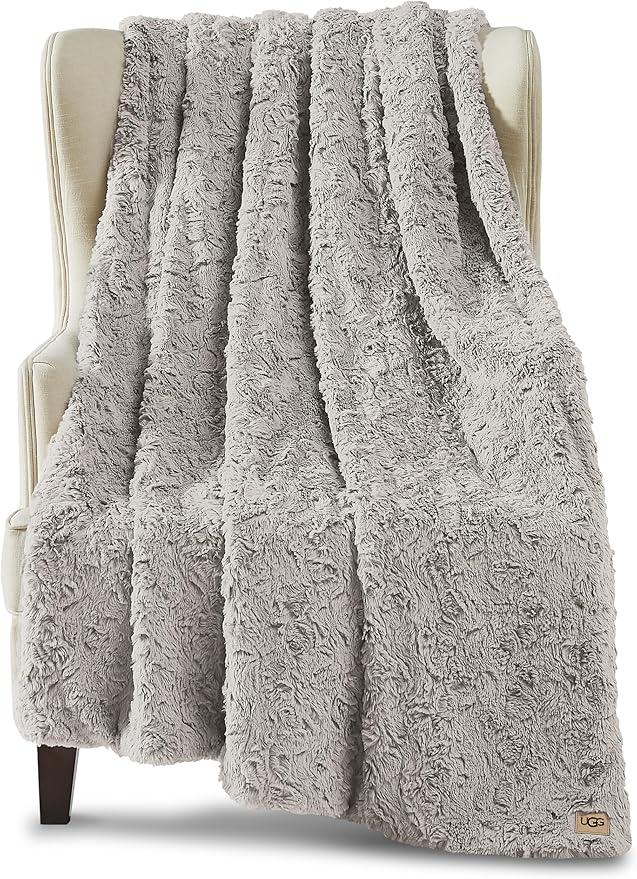 UGG Adalee Faux Fur Throw Blanket Luxury Lightweight Cozy Soft Throw for Couch Bed or Chair Hypoallergenic Machine Washable Double-Sided Fluffy Blanket Home Decor, 50-inch x 70-inch, Seal Grey