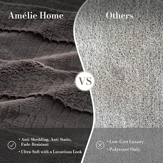 Amélie Home Luxury Striped Faux Fur Throw Blanket for Couch, Embossed Split Fur Cozy Fuzzy Fluffy Luxurious Soft Plush Sofa Chair Bed Gift Blankets for Women Men Wife Friend, 88"x90", Charcoal Gray