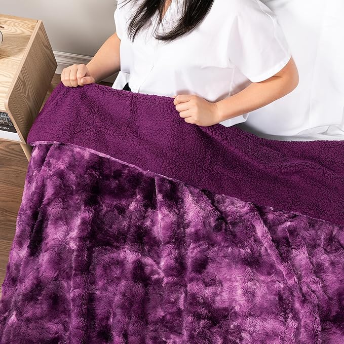 PAVILIA Faux Fur Throw Blanket Tie-Dye Purple, Soft Fuzzy Warm Sherpa Blankets & Throws for Bed, Fluffy Plush Thick Fleece Throw Blanket for Couch Sofa, Reversible Furry Shaggy Blanket, Purple 50x60