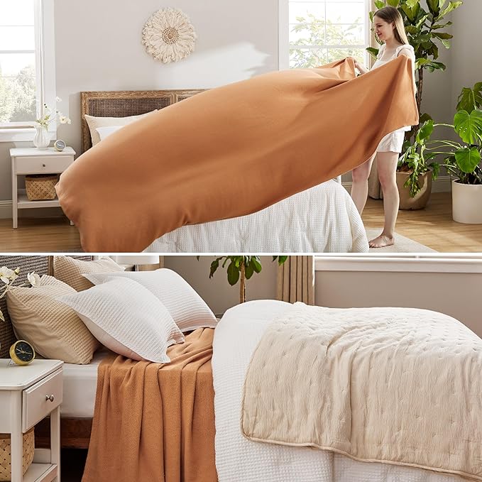 Bedsure 100% Cotton Blanket King Size for Bed - Breathable and Lightweight, Soft Cozy Textured Herringbone Woven Blanket for Summer Spring, Burnt Orange, 108x90 inches