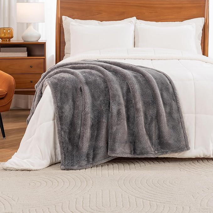 Berkshire Blanket Classic Extra-Fluffy™ Plush Throw Blanket, Soft Fuzzy Fluffy Long Hair Throw Blanket for Couch Sofa Bed, Shadow Grey, 50x60 Inches
